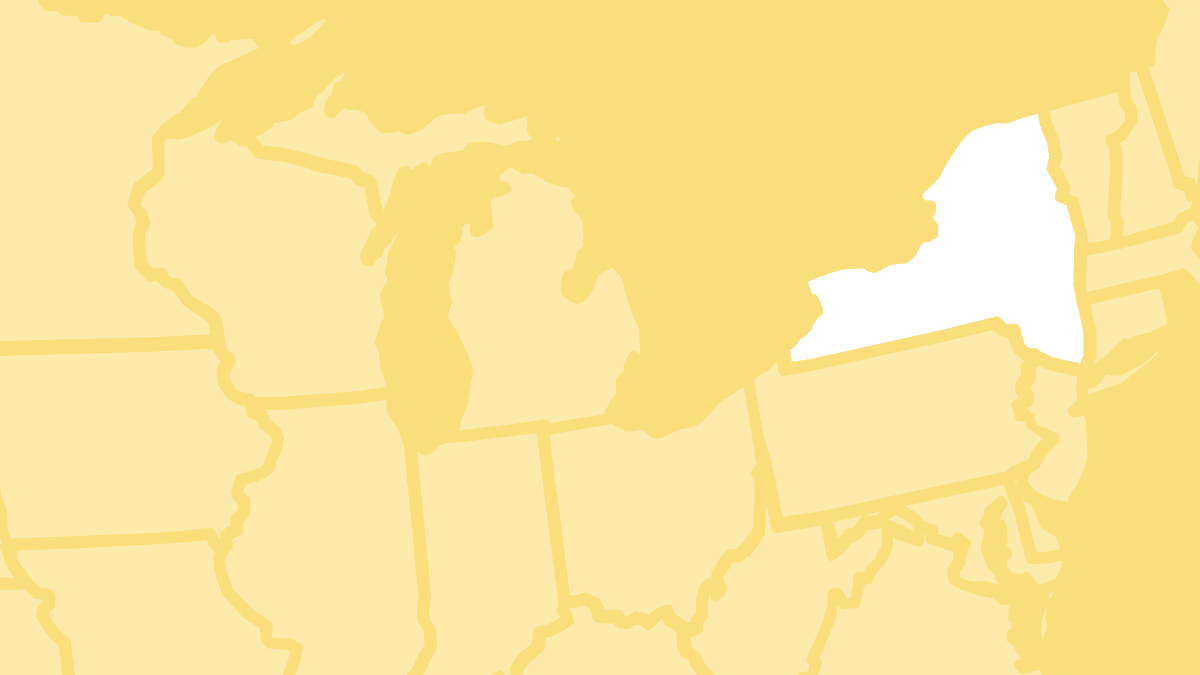 Light yellow map of north eastern United States with New York State highlighted in white