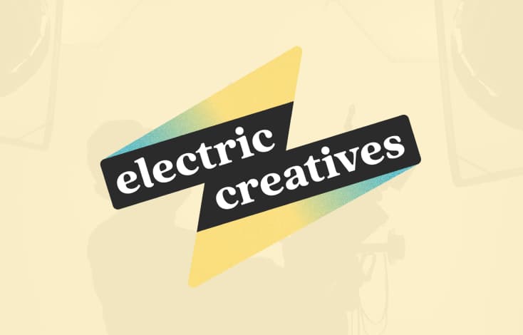 Electric creatives logo on a light yellow background. The logo is the words 'electric creatives' in a lowercase serif font on a black background, with the top and bottom extending into triangular shapes so the logo forms a lightning bolt.