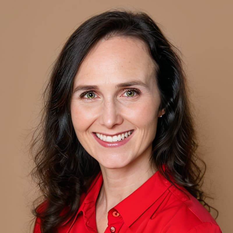 Headshot of Kristin Eberhard, who is smiling and has long wavy black hair. She wears a red button up shirt.