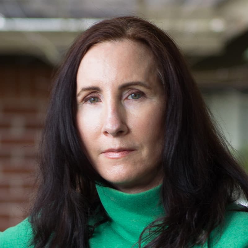 Headshot of Felicia Feaster who is staring forward. She has long brown hair and is wearing a green turtleneck sweater.