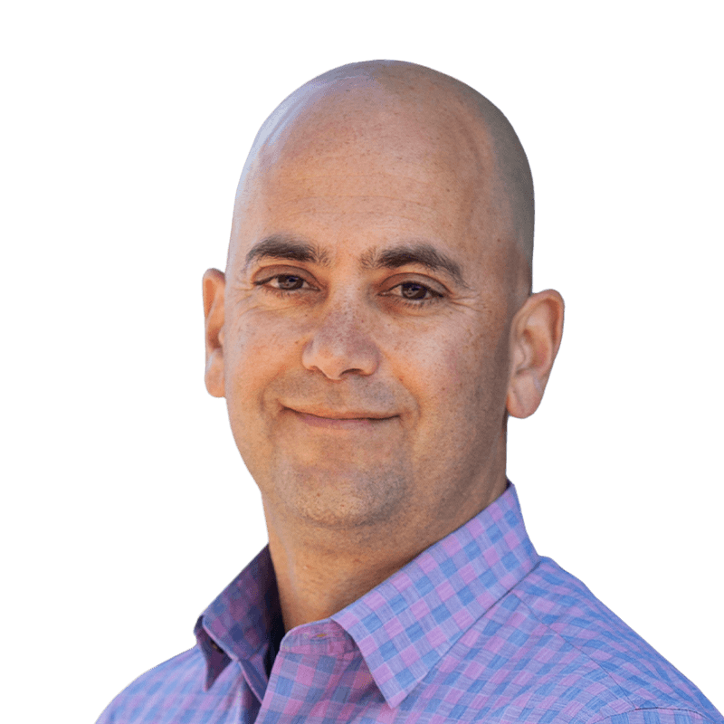 Headshot of Rahul Young, who is slightly smiling and is wearing a blue and pink gingham collard shirt.